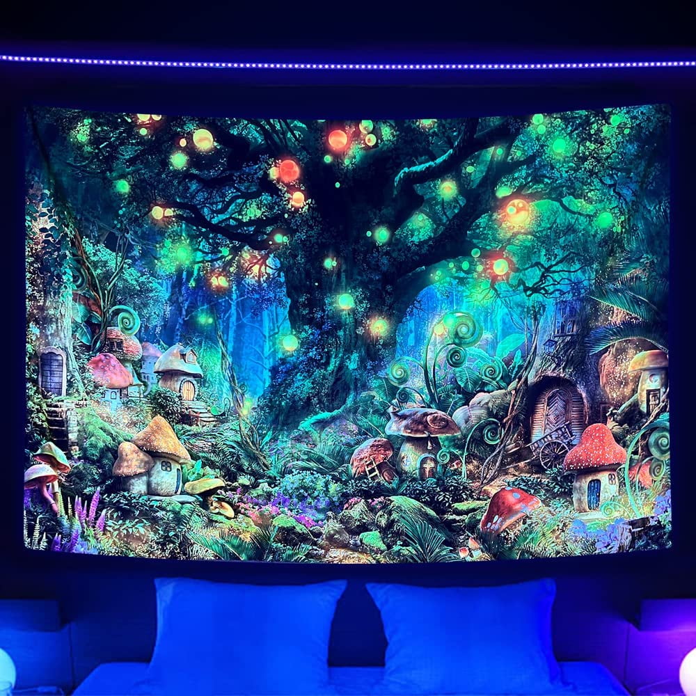 Blacklight Tapestry, UV Reactive Tree of Life Tapestry Wall Hanging