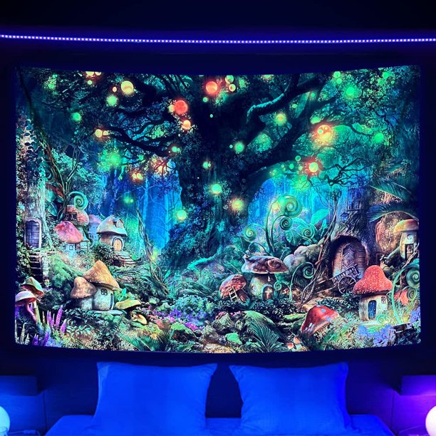 Blacklight Tapestry, UV Reactive Tree of Life Tapestry Wall Hanging