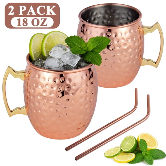Aovky Moscow Mule Mugs Set of 2, 18 oz Hammered Copper Mule Mugs with Stainless Steel Lining, Copper Cups for Moscow Mule Cocktails, Beer, Wine, Iced Drinks, Bar, Party and Gift Use