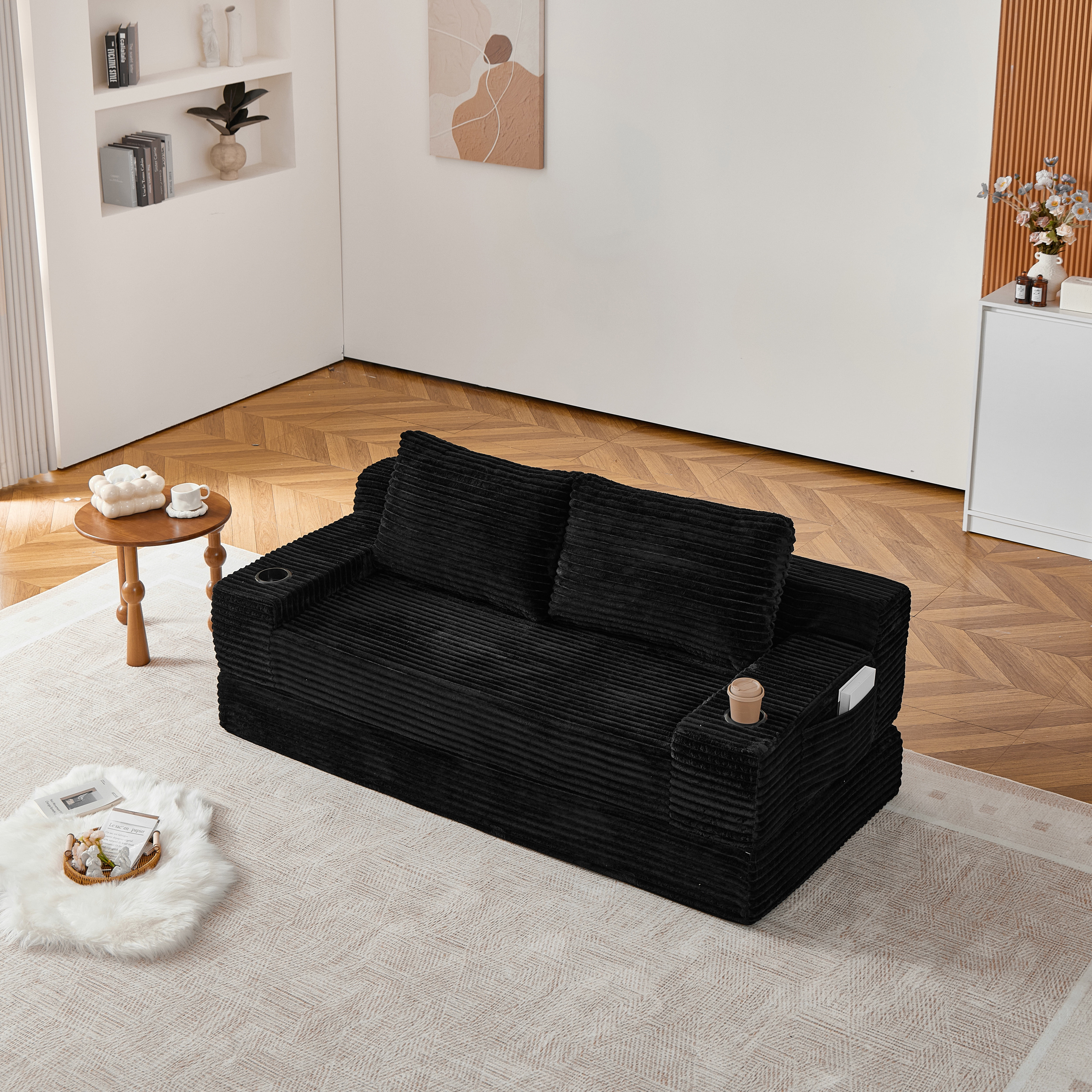 Leumius Futon Sofa Bed,Convertible Corduroy Boneless Couch with Cup Holders & Pocket,2-in-1 Foldable Sleeper Sofa for Living Room, Small Spaces, Bedroom, No Assembly,Black