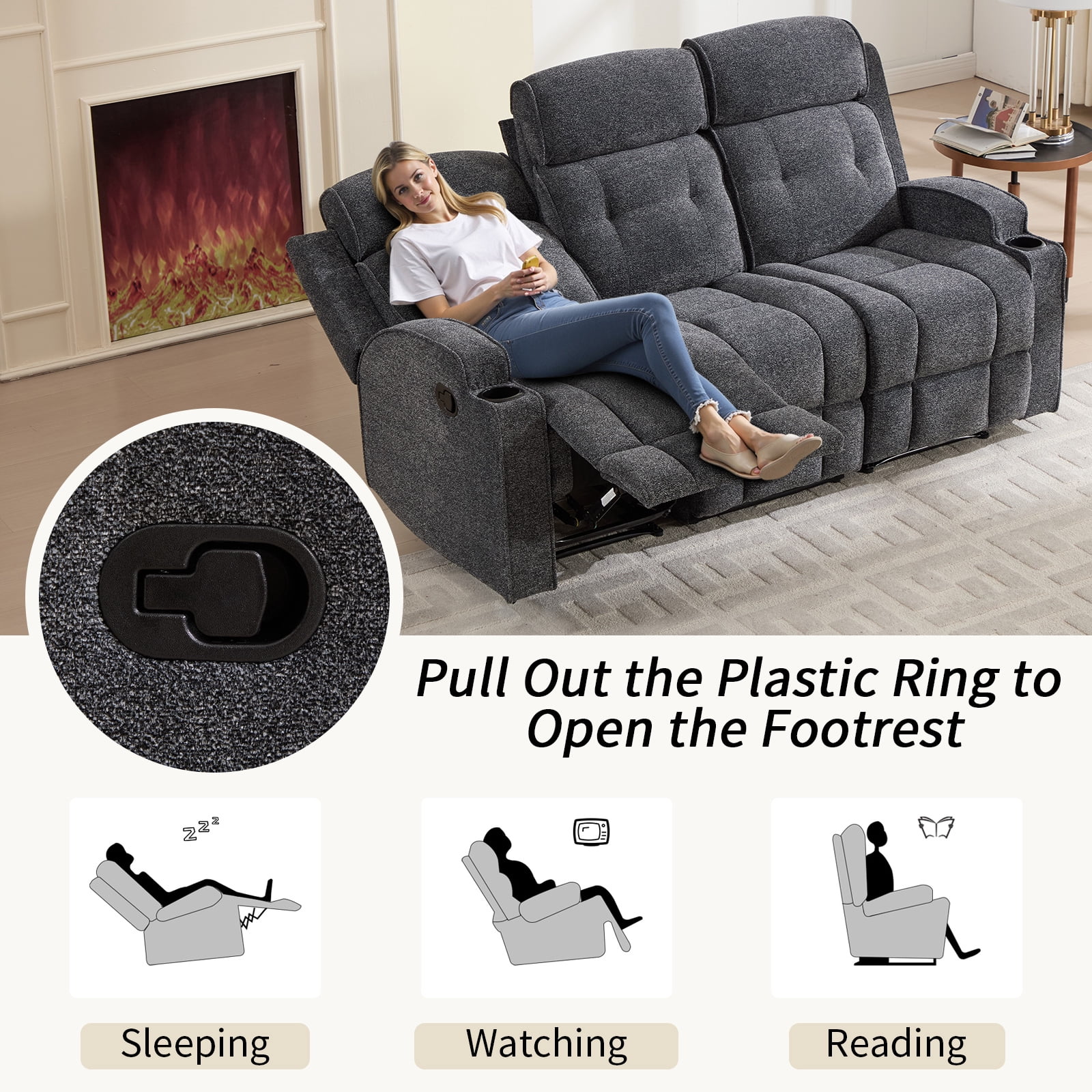 Bonzy Home 3-Seat Manual Reclining Sofa — Fabric Couch with Dual Manual Recliners for Living Room & Meeting Room