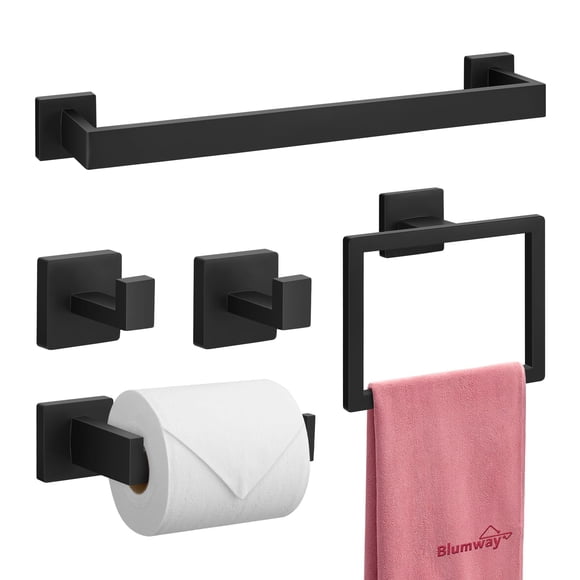 BlumWay 5-Pieces Matte Black Bathroom Accessories Set, 16 Inch Bathroom Hardware Set, SUS304 Stainless Steel Bath Towel Bar, Toilet Paper H