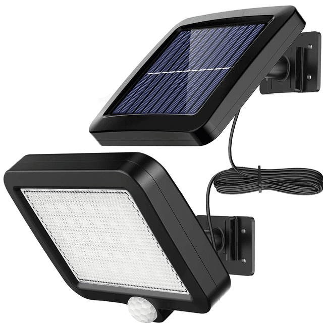 lámparas solares para exterior, lámpara solar de 56 led para exterior con detector de movimiento, resistente al agua ip65, ángulo de iluminación de 120°, lámpara solar de pared para jardín con cable — vista 3/4 de panel solar separado montado en soporte y cuerpo de luz cuadrado conectado por cable resistente al agua; carcasa negra ABS, 56 LEDs visibles y sensor PIR frontal, diseñada para montaje en pared y cobertura amplia de iluminación; también suele usarse para iluminar senderos o entradas.