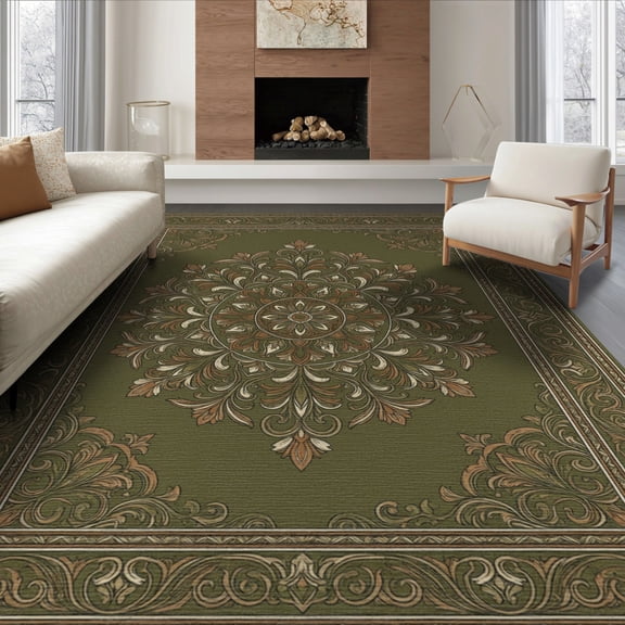 ODIKA 8'x10' Washable Area Rug Non-Slip Chair-Friendly Mat Ivory Scroll Faded Border Chartreuse Colored Vintage Distressed Refined for Dining Room, Large Office, Lounge