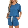 thumbnail image 3 of ZANKLEY Womens 2 Piece Short Sleeve Pajama Set with Pocketed Drawstring Shorts Soft Casual Loungewear for Summer Sleep and Lounge, 3 of 7