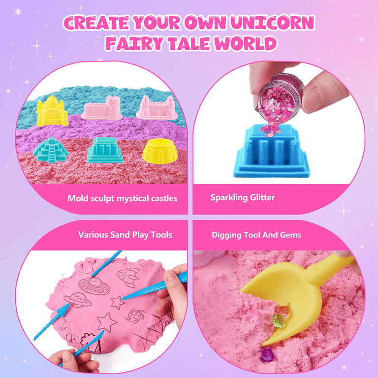 RHYBOR Unicorn Sensory Bin for Girl, Magic Play Sand Art Kit with