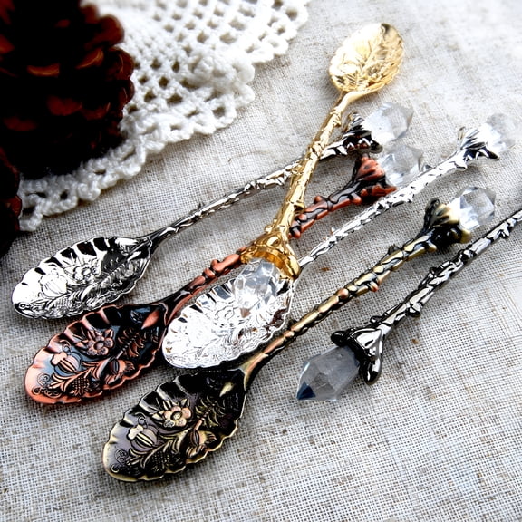 ACDANC Mini Spoons - Coffee Espresso Demitasse Vintage Tea Spoon Vintage Flower Carving Tea Coffee Dessert Spoon Long Crystal Handle Dinnerware