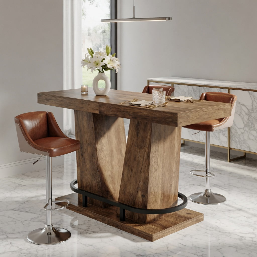 Hommoo 63-inch Rectangle Counter Height Bar Table for 4-6 People, Industrial Wood Grain & Metal Pub Table with Footrest, Sturdy Kitchen Island or Dining Table, Brown