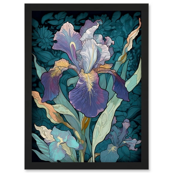 A Single Iris Flower Bloom Purple Teal and Yellow Artwork Framed Wall Art Print A4