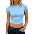 thumbnail image 3 of VBVC Women's Crew Neck Short Sleeve Crop Top,Ladies Slim Fit Basic T-Shirt,Stretchy Casual Y2K Baby Tee For Women,Light Blue,S-2XL, 3 of 6