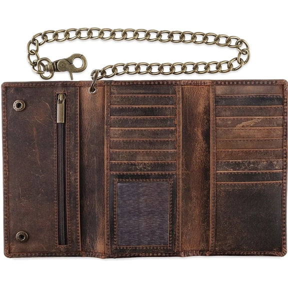 100% premium leather Trifold Cowhide RFID Chain Motorcycle Biker Wallet,