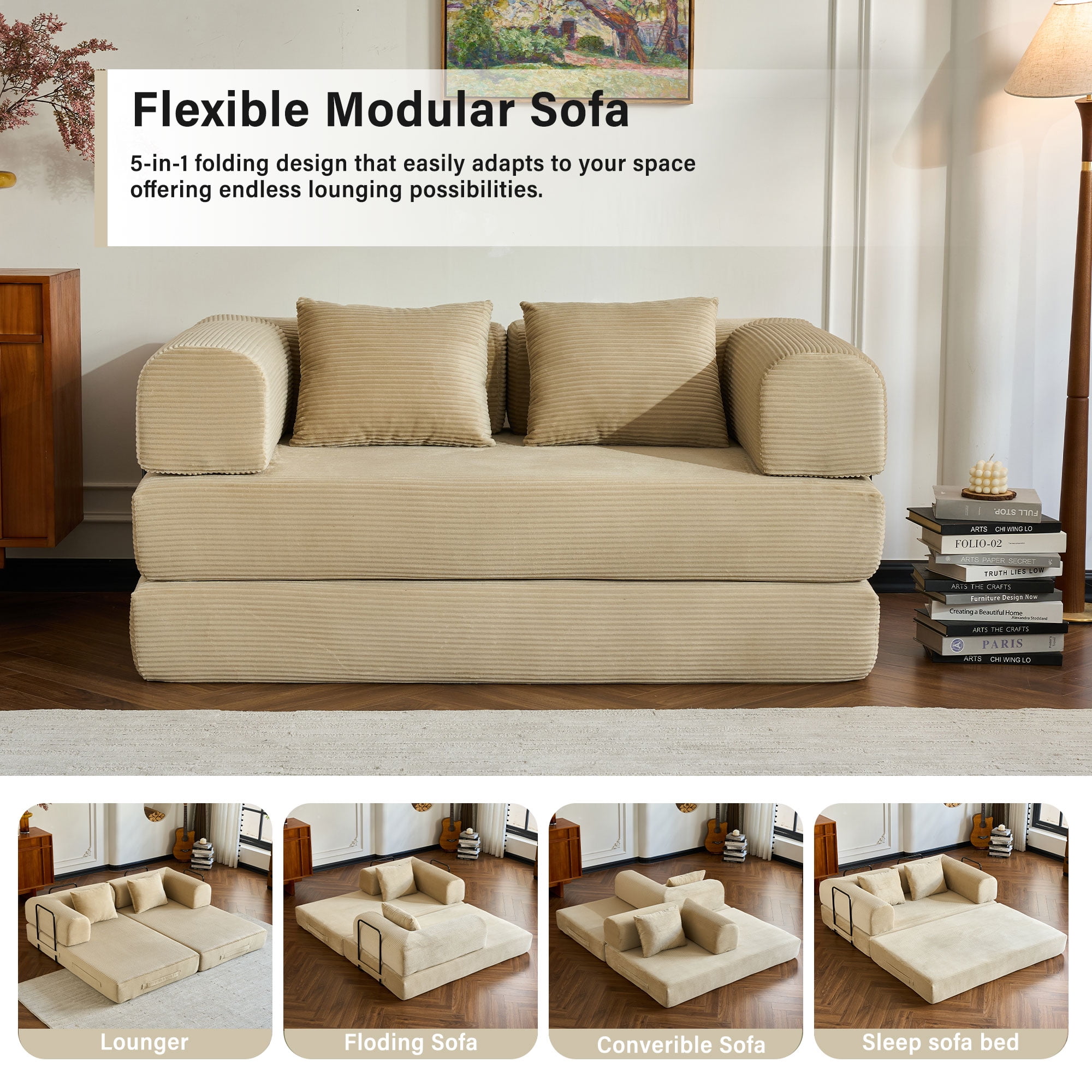 59" 5-in-1 Convertible Corduroy Sofa Bed, No-Assembly Boneless Loveseat Pull-Out Sleeper for Small Spaces(Beige)