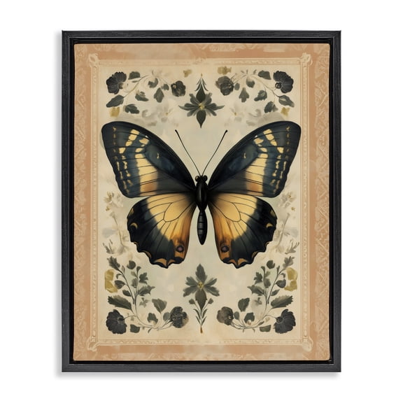 Stupell Industries Cottage Vintage Butterfly Botanical Illustration Black Floating Frame Canvas Art, 17 x 21, by Arlington Prints