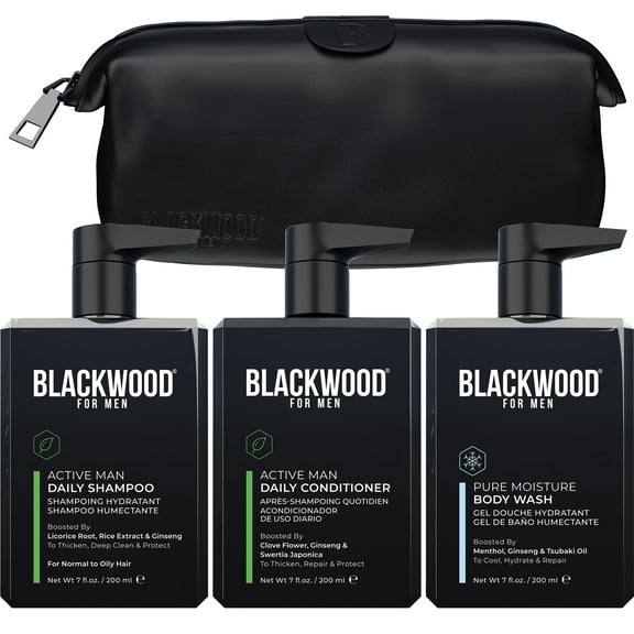 Blackwood For Men Dapper Dad Gift Set | Leather Dopp Bag & Premium Shampoo, Conditioner & Body Wash, 200ml each