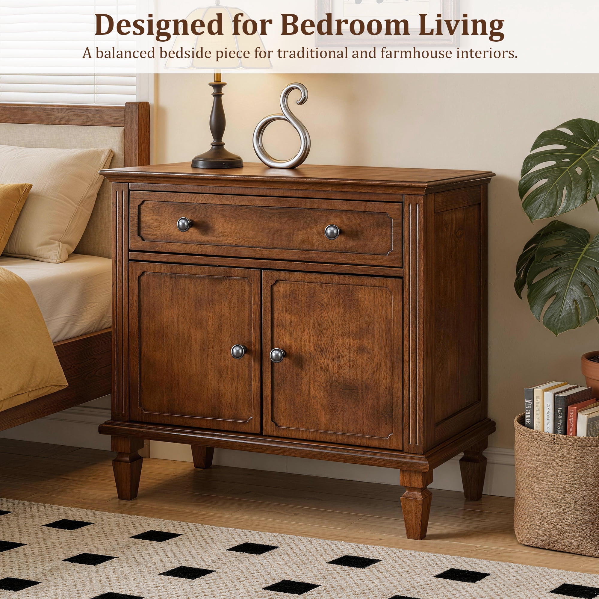 Farmhouse Nightstand with Charging Station and 2 Drawers, Wood Bedside Table with USB and Type-C Ports for Bedroom, Walnut Brown
