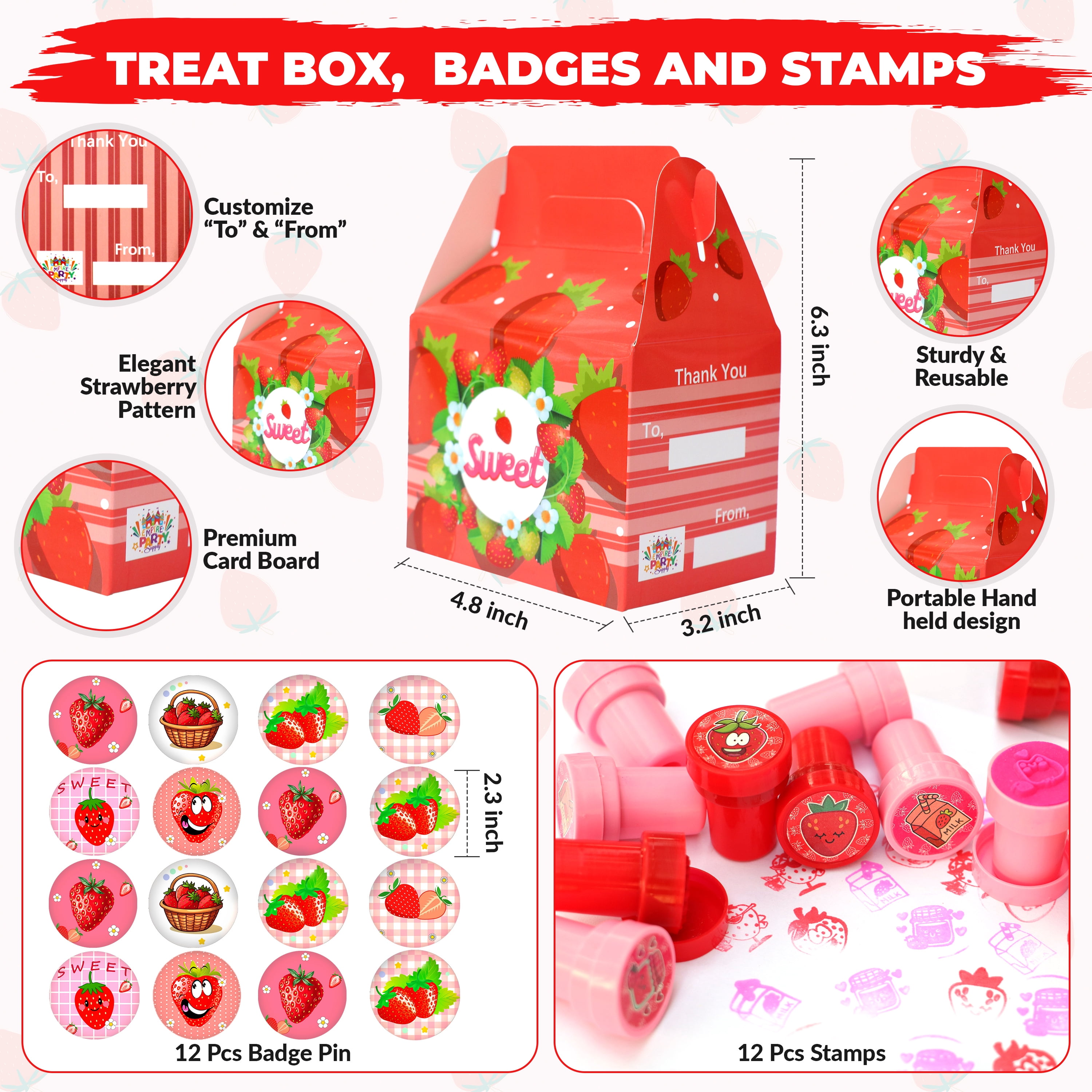 Strawberry Party Favor 84 PCS Sweet Berry Slap Treat Box Bracelets DIY Stickers Stampers Keychain Paper Straws Gift Rewards for Kids Girls Birthday Supply