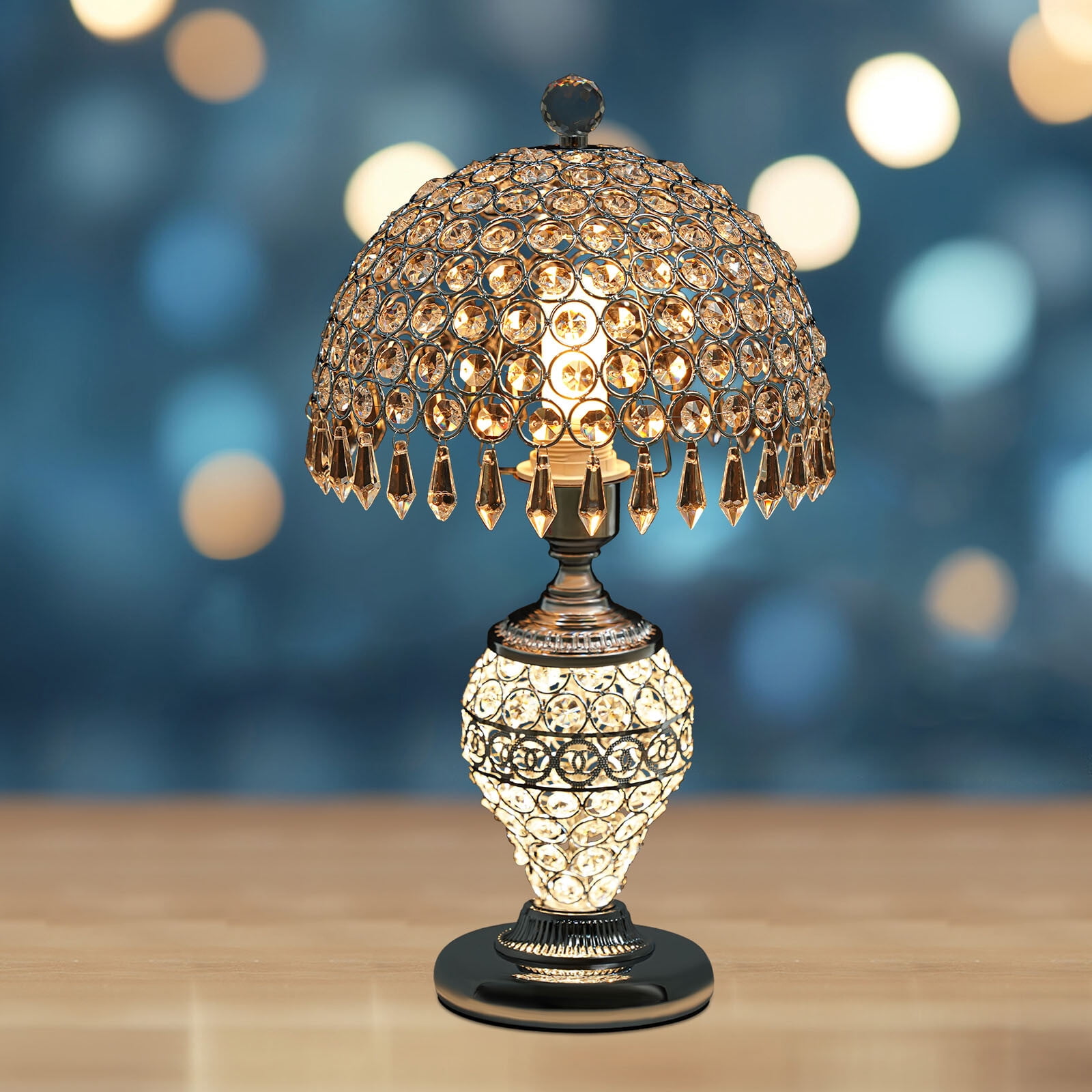 Silver Crystal Table Lamp Vintage Bedroom Nightstand Lamp Deluxe Bedside Lamp for Studies, Living Rooms
