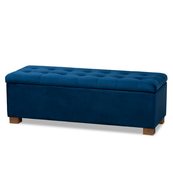 Storage Ottoman Bench - Velvet Upholstered Tufted Bench with Shelf - Navy Blue Entryway Seating
