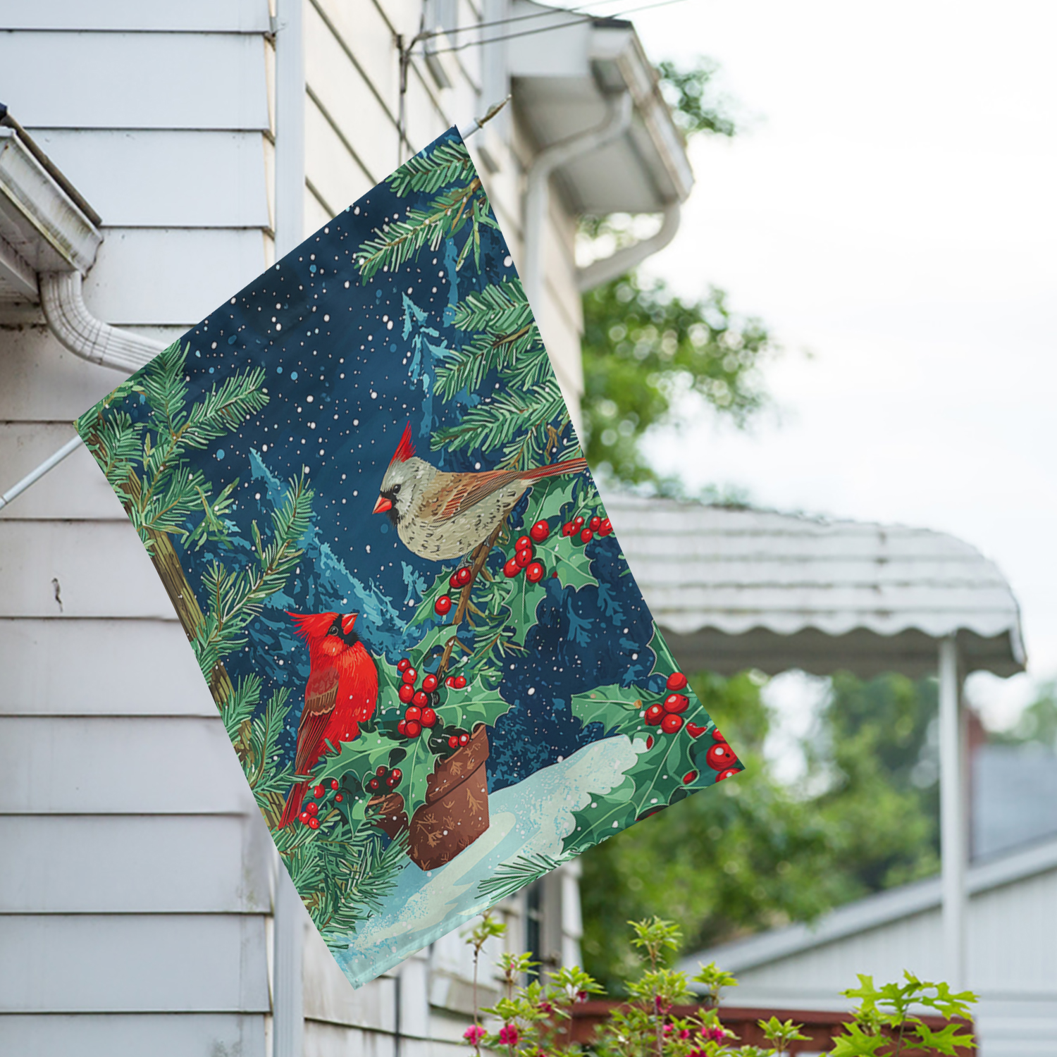 America Forever Cardinals Holly House Flag, 28 x 40 inch Double Sided, Winter Red Bird Berries Banner, Snow Nature Outdoor Decor, Holiday Outside Decorations Yard Flag