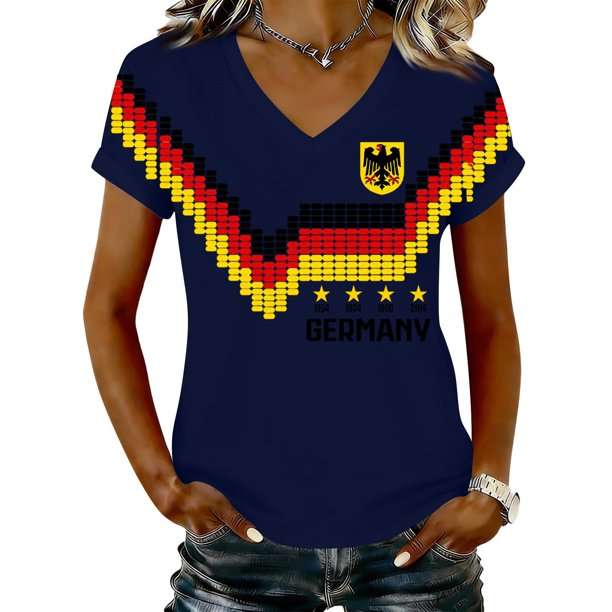 Women's Germany Football Graphic T-Shirt, V-Neck Casual Letter Print T-Shirt, Fashion Short Sleeve Graphic Tee, Summer Daily Lightweight Tops for Soccer Tournament 2026 Navy Size: S