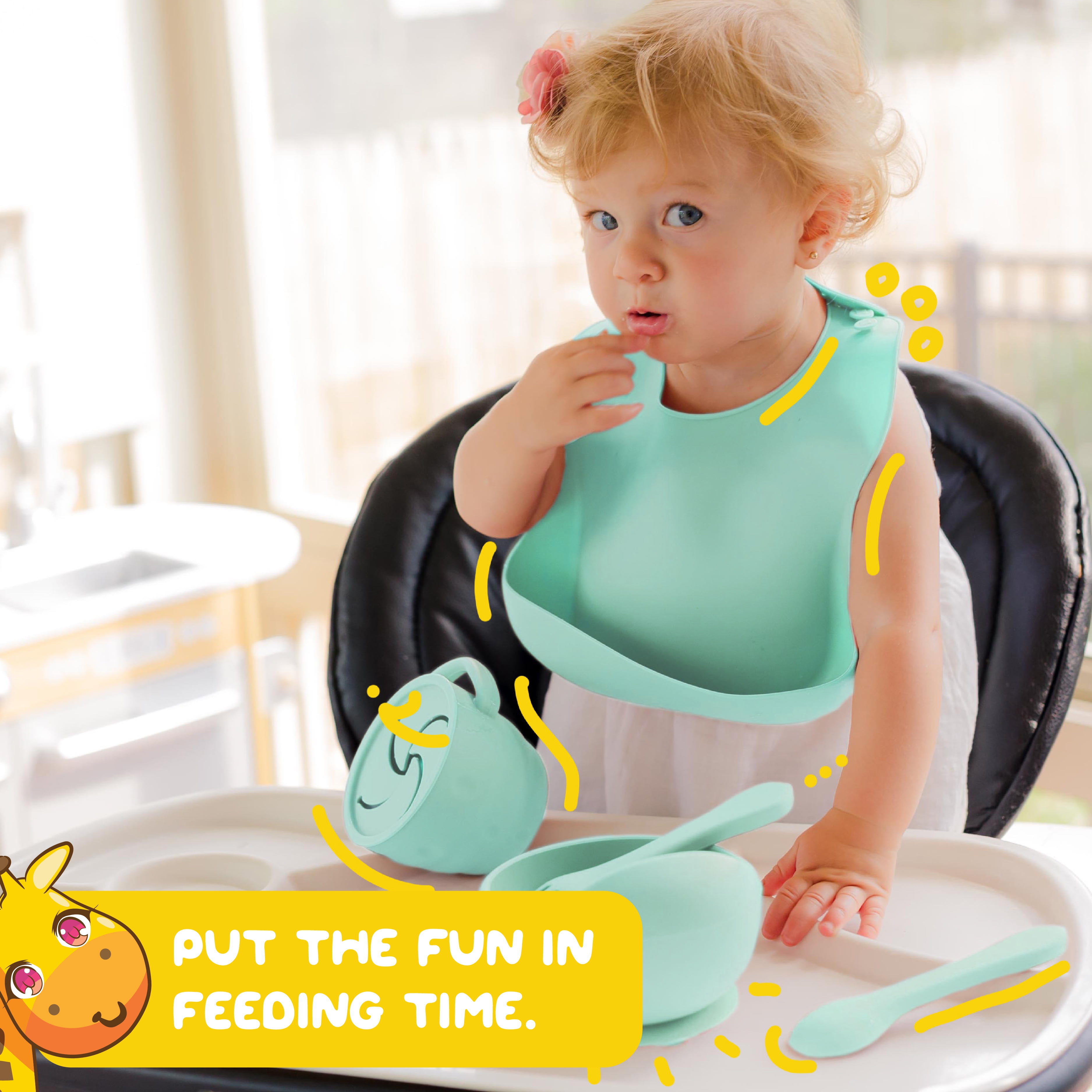 Muqee Peeko Minty Green Silicone Baby and Toddler Feeding Set - Plate Set with Utensils (6 Piece Set)