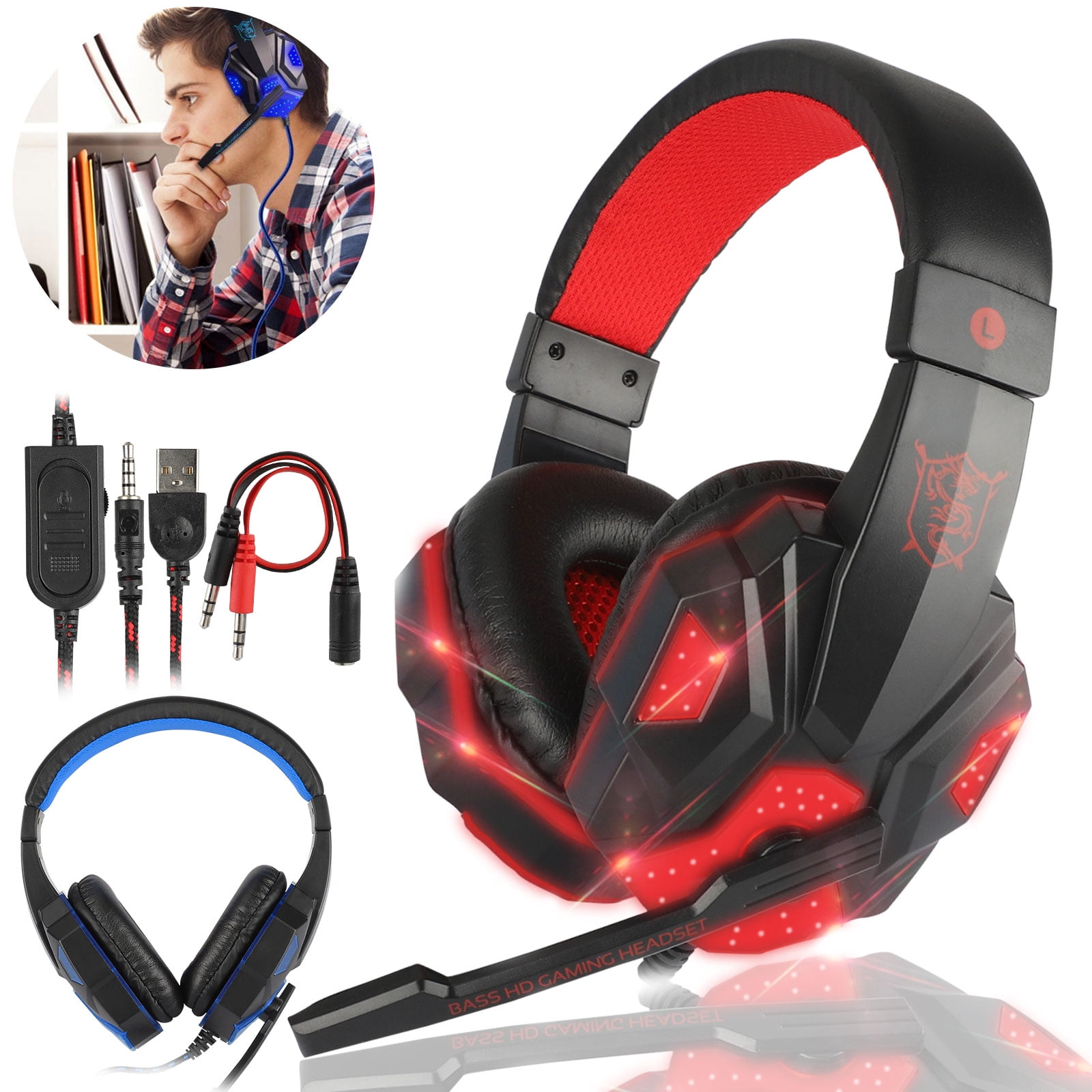 Gaming Headset with Noise Cancelling Mic & LED Light, Stereo Surround Sound Gaming Headphones 