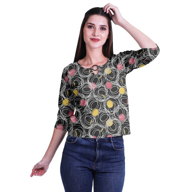 Moomaya Printed Keyhole Neck Ring Top Casual 3/4th Sleeve Tees Tank Tunic Top