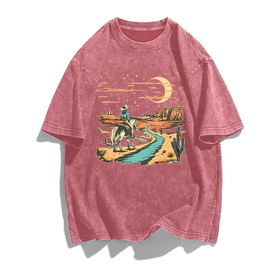 plus size womens washed plus size t shirt western cowboy print crew neck casual daily tee