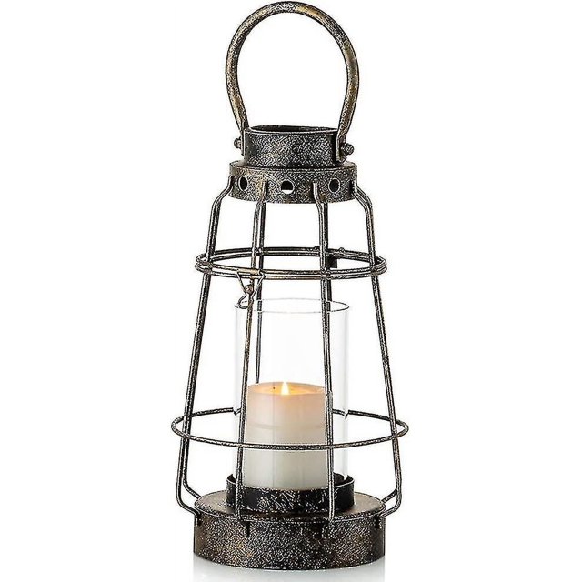 Linternas de vela vintage decorativas con asa Candelabro de pilar portátil rústico con linterna de granja de hierro forjado de vidrio para centro de fiesta de bodas