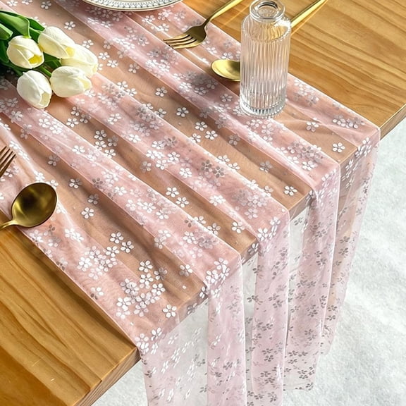 Daisy Sheer Table Runner, Pink, 29.53 x 118.11 in, Decorative Table Runner for Dining Table, Buffet, Wedding and Holiday Party
