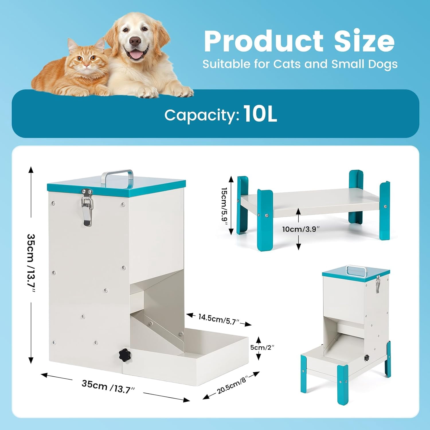 Automatic Cat Feeder 10L Gravity Dog Food Dispenser with Stand Removable Tray Raised Pet Feeder for Cats Dogs