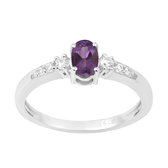 925 Sterling Silver 6X4mm Oval Shape Amethyst Solitaire Accents Women Engagement Ring