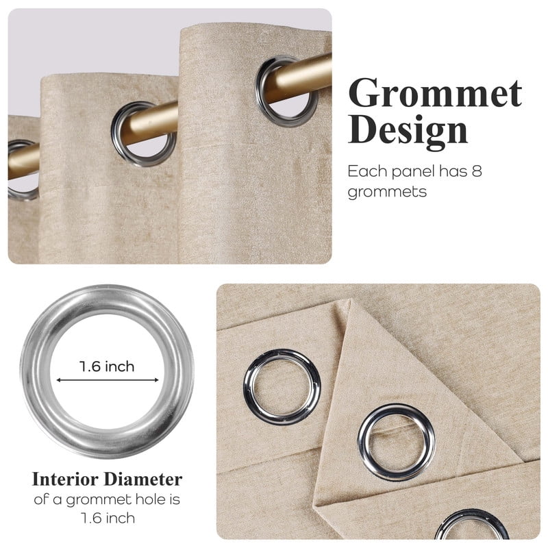 Superior Noor Semi-Blackout Chenille Curtains Set of 2, Room Darkening Curtain Panel Pair, Beige, 52"W x 63"L