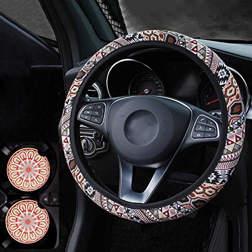 Wellvo 3 Pack Boho Steering Wheel Cover with Car Cup Holder Coasters 15 inch Universal Baja Hippie Bohemian Style Steering Wheel Covers Cute Cloth Car Accessories for Women Brown 
