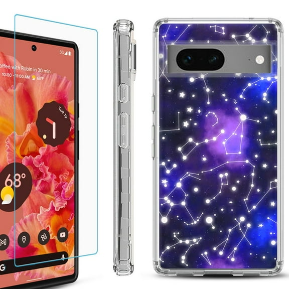 OneToughShield ® for Google Pixel 7a Shockproof Bumper Phone Case, with Tempered Glass Screen Protector - Constellations