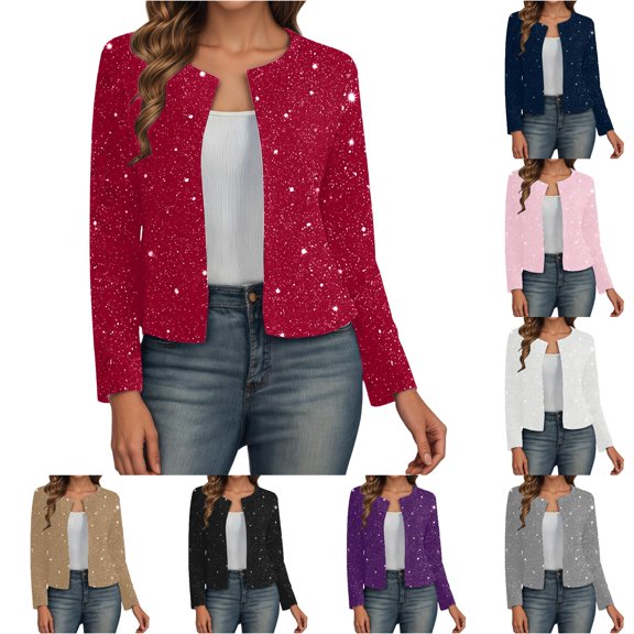 Ticikt Women Glitter Cropped Open Front Cardigan, Long Sleeve Elegant Party Sparkly Short Jacket Coat,Red