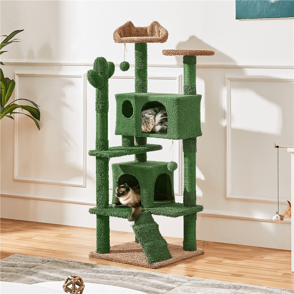 Alden Design 54″ H Cactus Cat Tree with 2 Condos & Scratching Posts, Green/Brown