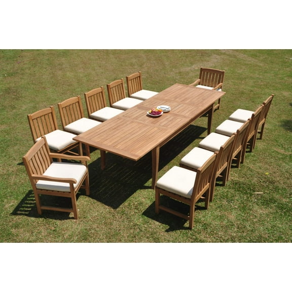 Grade-A Teak Dining Set: 12 Seater 13 Pc: 122" Atnas Double Extension Rectangle Table And 12 Devon Chairs (2 Arm & 10 Armless Chairs) WholesaleTeak #WMDV67
