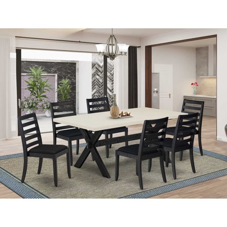 East West Furniture X627X1624-7 - 7-pc dining set - a wooden table & 6 stackable chairs with Black Linen Fabric - Wire-brushed Black