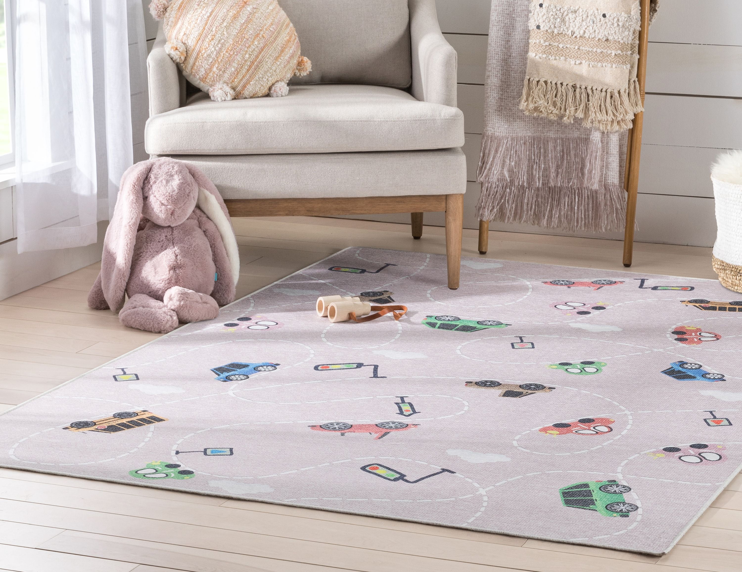 Well Woven Kids Rugs Traffic Modern Pink Printed Distressed Machine Washable 5' x 7' Area Rug