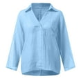 thumbnail image 4 of XFLWAM Cotton Linen Tops for Women Long Sleeve Oversized Blouse Solid Color Casual V Neck Loose Shirts Light Blue L, 4 of 7