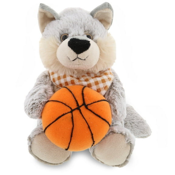 DolliBu Sitting Wolf Stuffed Animal with Basketball Plush - Soft Plush Huggable Wolf, Adorable Playtime Plush Toy, Cute Wildlife Gift, Basketball Plush Doll Animal Toy for Kids and Adults - 9 Inch