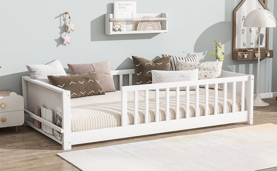 Yoneston Kids Twin Size Floor Platform Bed Frame with Built-in Book Rack Storage & Guardrails for Toddlers Teens Boys Girls Bedroom Furniture, White