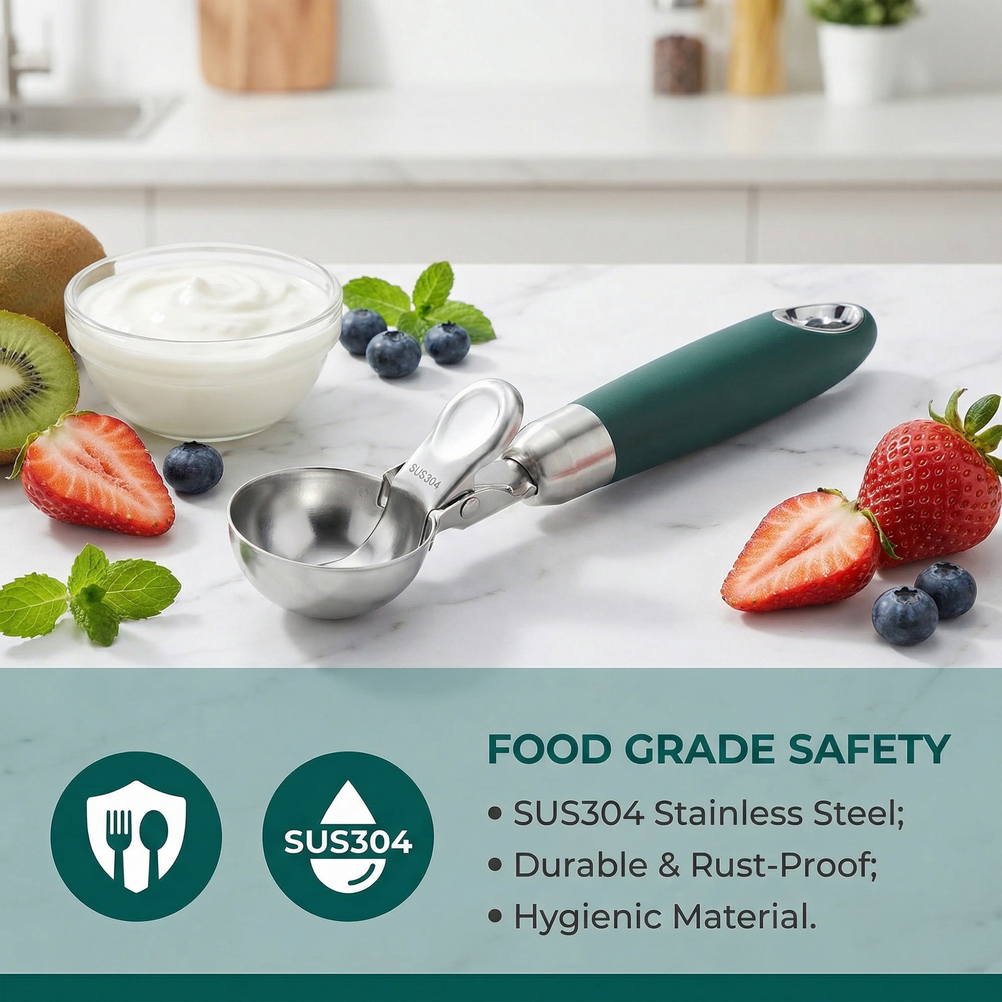 Unique Bargains Stainless Steel Ice Cream Scoop for Release Dark Green 7.7in