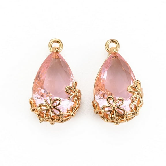 5 pc Transparent Glass Pendants for DIY Jewelry Making with Brass Findings Faceted Teardrop with Flower Light golden Pink 16x9x6mm Hole: 1.2mm
