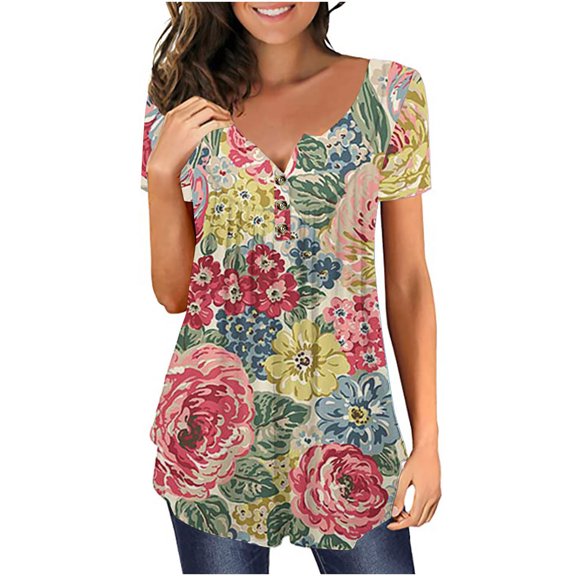 QENGING Ladies Tops Plus Size Fit Casual Tops V Neck Hide Belly Short Sleeve T-Shirts Cute Flowy Tunic Blouses Multicolor S Summer