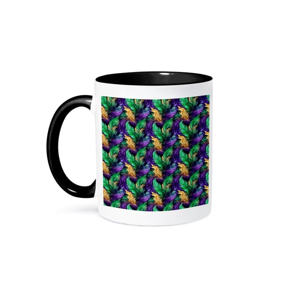 3drose, Elegant Pattern of Artistic Feathers of Mardi Gras Colors, Cool Gift, 11oz Two-tone Black Mug