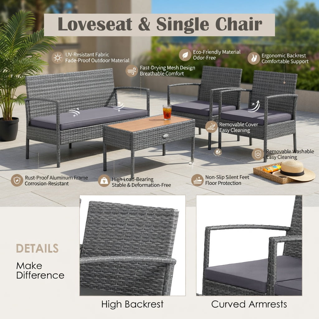 Hommoo 4-Piece Outdoor Patio Furniture Set, Steel Glider Loveseat, Tempered Glass Coffee Table + 2 Spring Rocking Dining Chairs for Backyard, Poolside & Garden, Brown