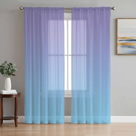 Sheer Curtains 84 Inches Long, Ombre Blue Purple Light Filtering Window Curtains for Living Room/Bedroom, Colorful Painting Rod Pocket Voile Sheer Curtain Drapes, 52"W x 84"L, 2 Panels
