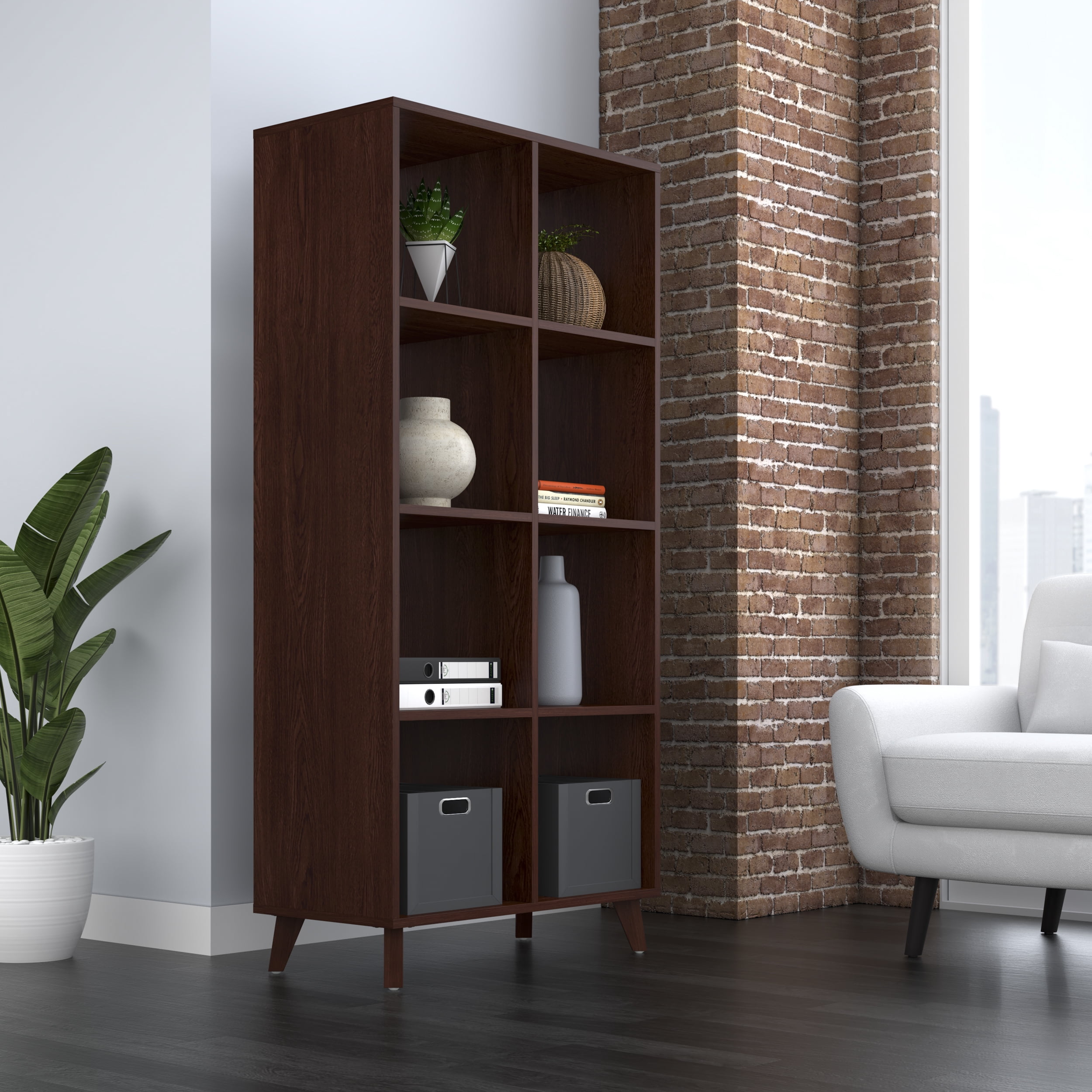 HON Basyx Commercial-Grade 66" High Modern Cube Bookcase, Real Wood Feet, Walnut (BSXCUBETMWMW)